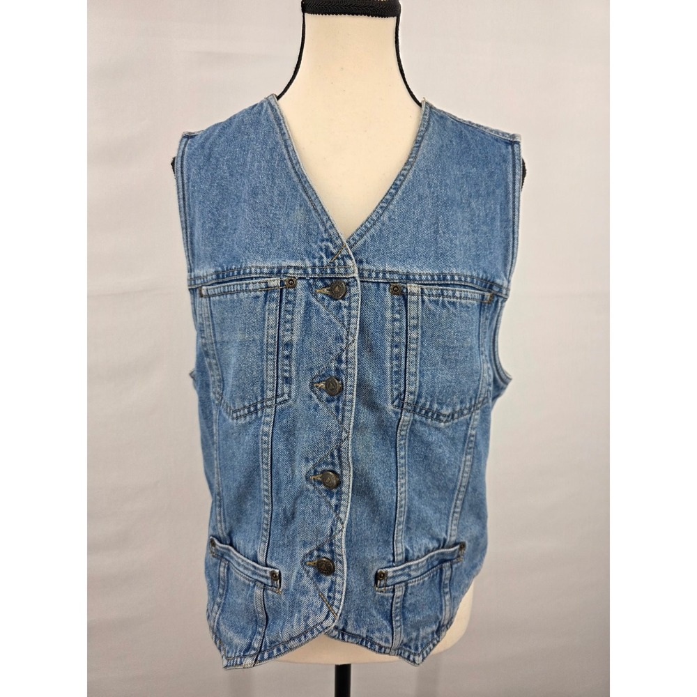 Lizwear Vintage Blue Denim Vest Medium Wash Cotton V-Neck Button Front Size M